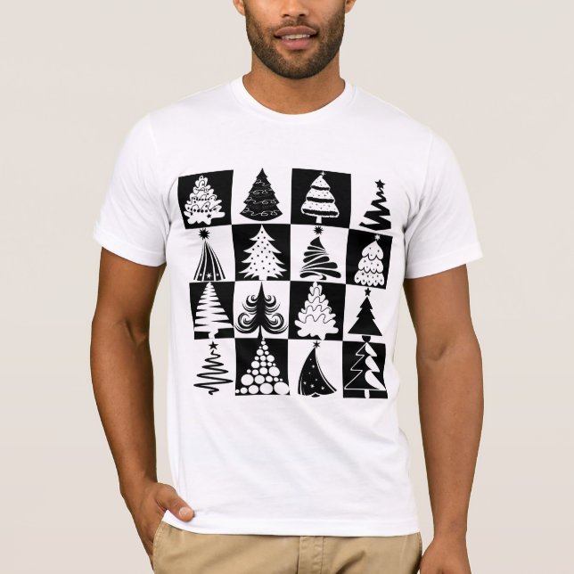T-shirt Motif De Vacances Arbre De Noël Noir Et Blanc (Devant)
