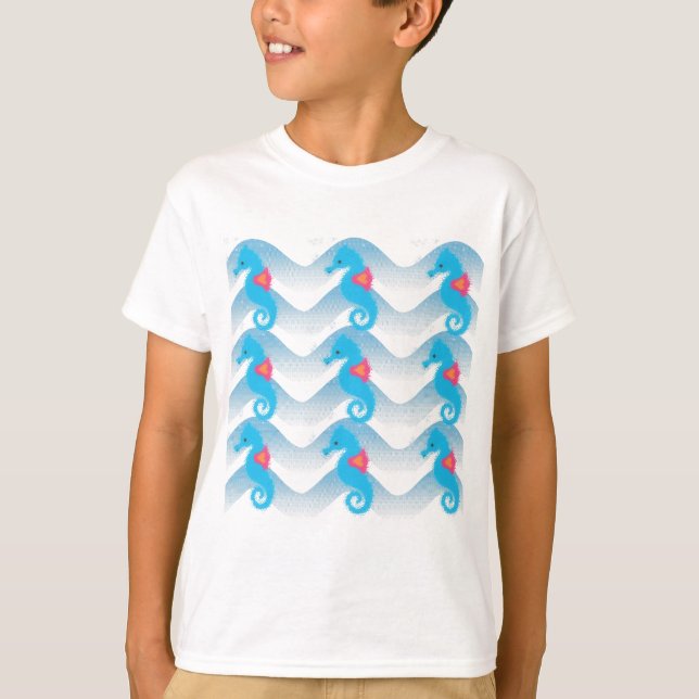 T-shirt Motif Des Chevaux De Mer Et Des Vagues Bleues (Devant)