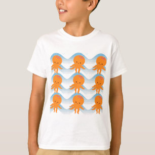 T-shirt Motif Octopus Orange Et Vagues Bleues