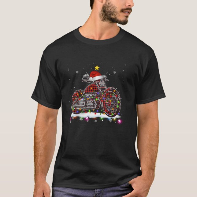 T-shirt Moto de Noël Red Plaid Moto Santa Hat Lif (Devant)