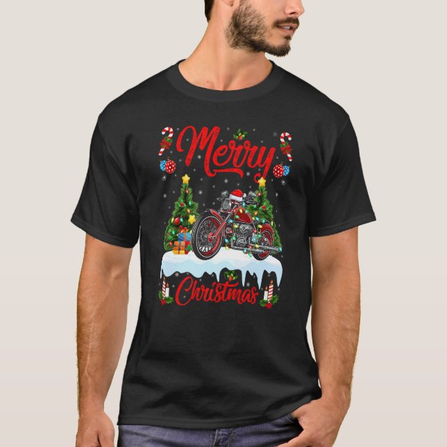 T-shirt Motorcycle  Lights Xmas Tree Santa Motorcycle Chri (Devant)