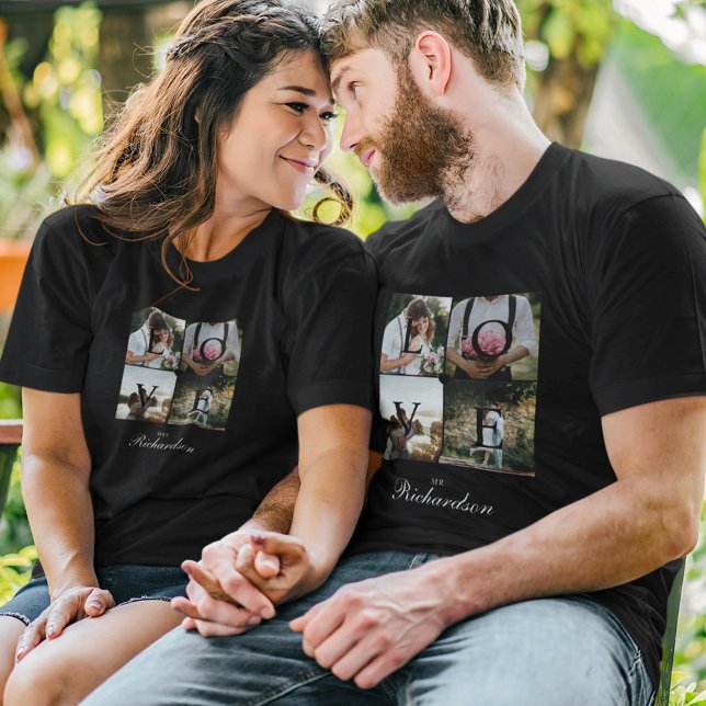 T-shirt Mr Love Newlyweds Mariage Photo Collage noir (Mr. Love Newlyweds Wedding Photo Collage Black T-Shirt)