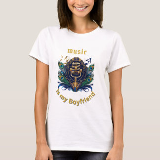 T-shirt "Music Is My Boyfriend - Retro Mic & Peacock Desig