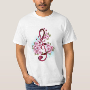 T-shirt Musical treble clef notes with sakura flowers