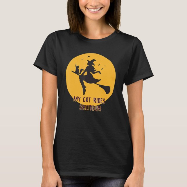 T-shirt My Cat Rides Shotgun Witween Halloween (Devant)