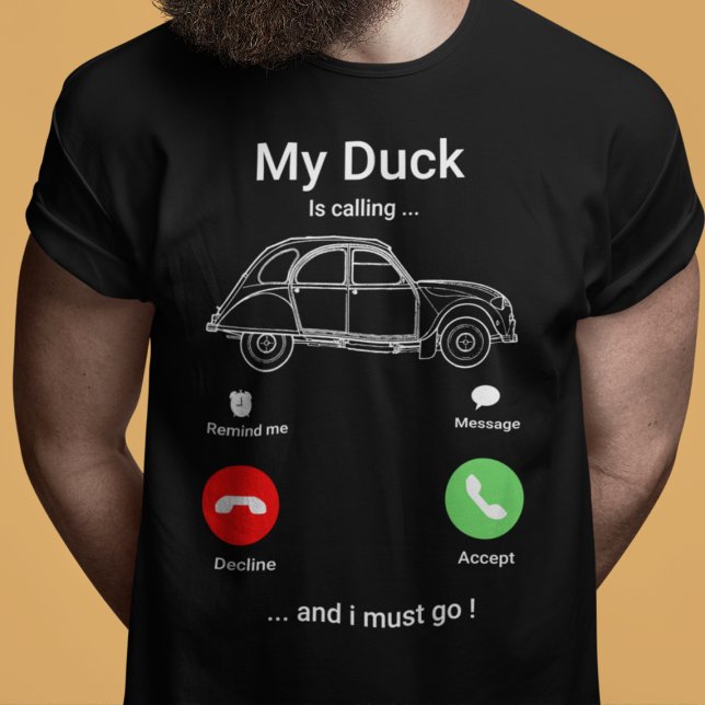 T-shirt My Duck is Calling | Funny 2CV Oldtimer Smartphone (2CV T-Shirt in Black with a Red Green and White Smartphone Illustration)