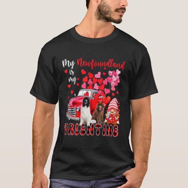 T-shirt My Newfoundland Is My Valentine Two Dogs With Gnom (Devant)