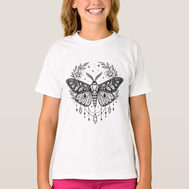 T-shirt Mystical Gothic Moth Botanical Celestial Line Art  (Devant)