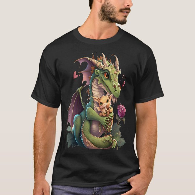 T-shirt Mythical Creature Fans Dragon Mom Hugging A Child  (Devant)