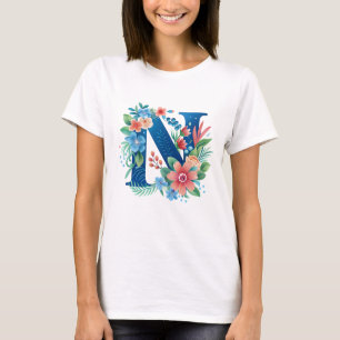 T-shirt N monogramme bleu avec fleurs