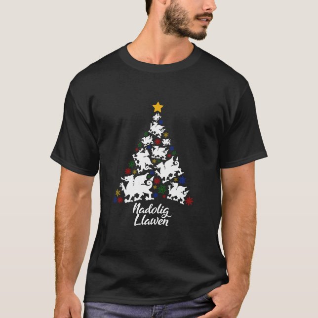 T-shirt Nadolig Llawen Welsh Dragon Christmas Tree Costume (Devant)