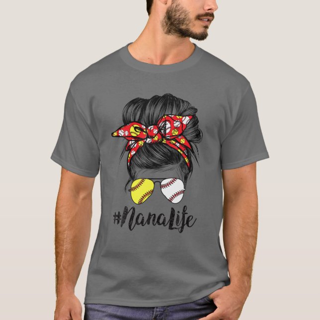 T-shirt Nana Life Messy Bun Cheveux Softball Baseball Mère (Devant)