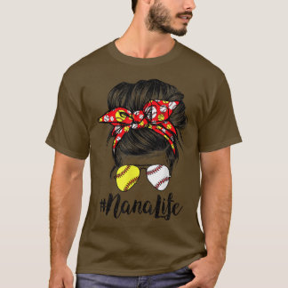 T-shirt Nana Life Messy Bun Cheveux Softball Baseball Mère
