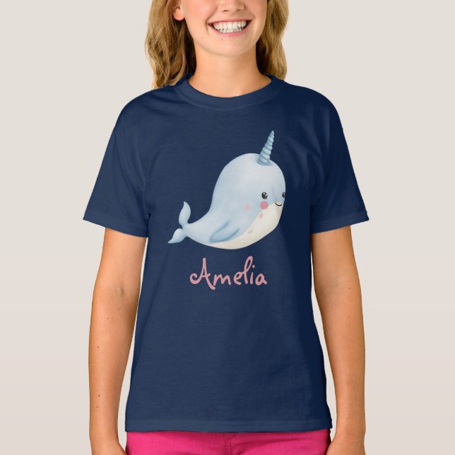 T-shirt Narwhal Girl Anniversaire Ajouter le nom Marine pe (Devant)
