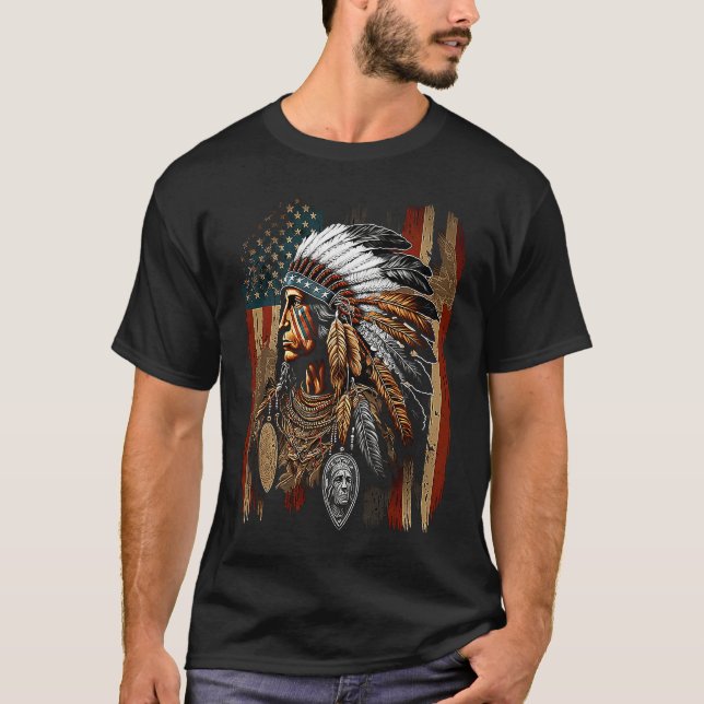 T-shirt Native American Indian Chief American USA Flag  1 (Devant)