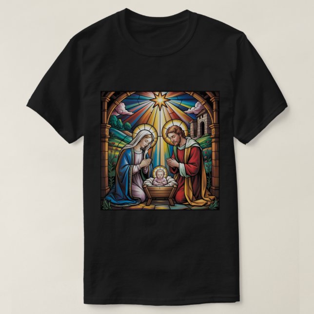 T-shirt Nativity Stained Glass Art – Holy Family Christmas (Design devant)