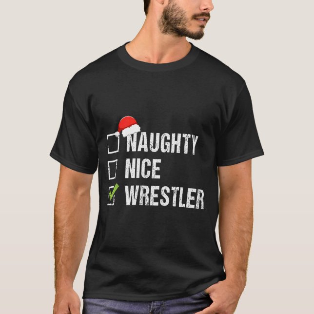 T-shirt Naughty Nice Wrestler Shirt Wrestling Santa Christ (Devant)