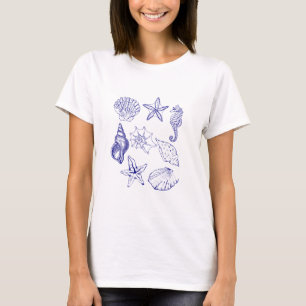 T-shirt Nautical Seashell - Blue Line Art Ocean