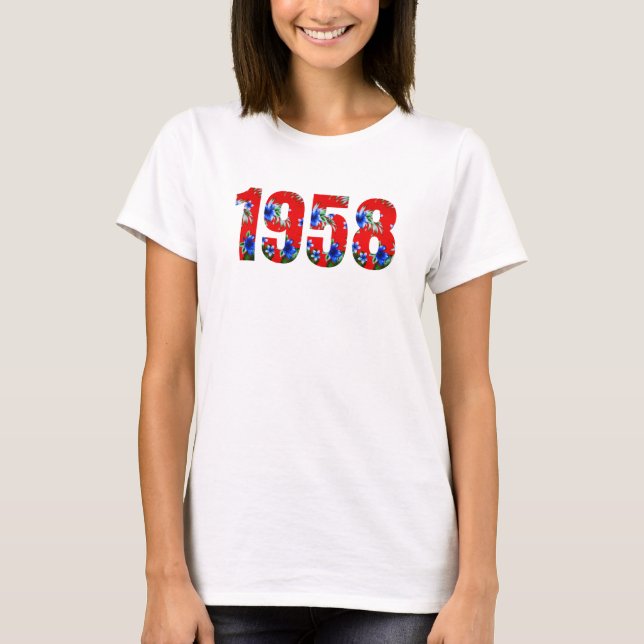 T-shirt Né 1958 Anniversaire Fête Hawaiian Red Blue (Devant)
