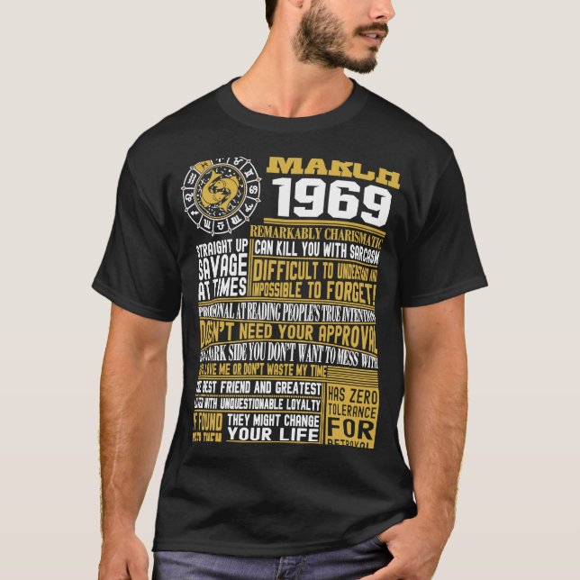 T-shirt Né en mars 1969 52e anniversaire Pisces Zodiac Si (Devant)