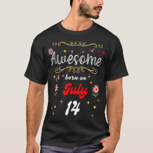 T-shirt Né le Juillet 14 anniversaire Fleurs & Butterf