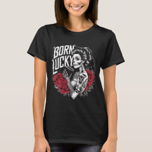 T-shirt Né Lucky Tattoo Art Skeleton Girl Rose Gothic V