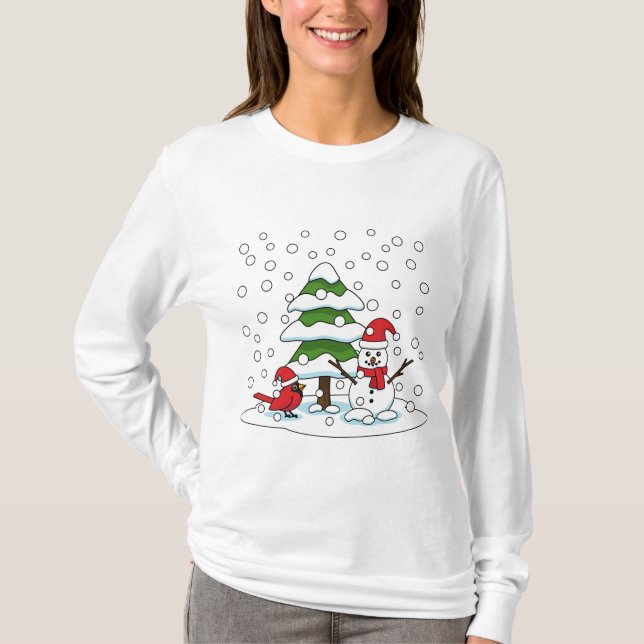 T-shirt Neige tombant sur Cardinal, Snowman et Pine Tree (Devant)