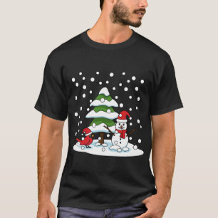 T-shirt Neige tombant sur Cardinal, Snowman et Pine Tree