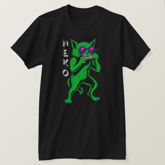 T-shirt Neko Harmonica Blues Chat T-Shirt. Neko signifie c (Design devant)