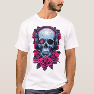 T-shirt Neon Cyber-mort crâne et Rose blanc