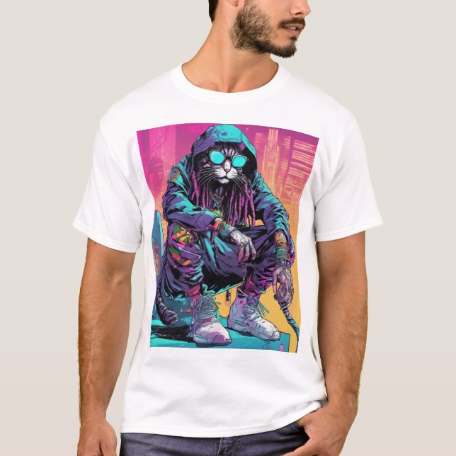 T-shirt Neon Cyberpunk Rastafari Chat (Devant)