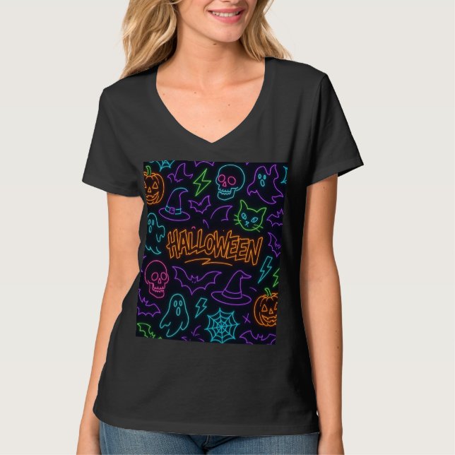 T-shirt Neon Halloween Pattern Ghosts Pumpkins Bats (Devant)
