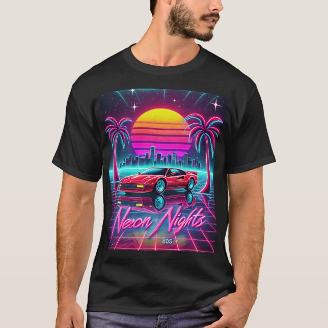 T-shirt Neon Nights Retro 80s Art Print - Cityscape (Devant)