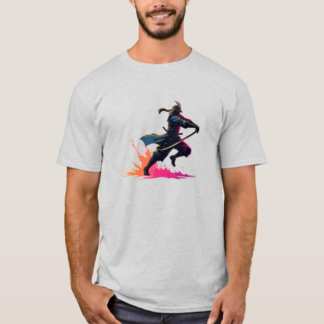 T-shirt Neon Samurai Guerrier en action Art rétro (Devant)