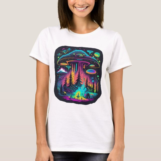 T-shirt Neon UFO et scène Alien Art psychédélique (Devant)