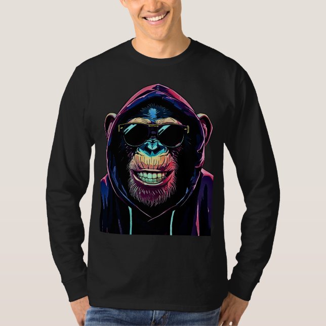 T-shirt Neon Vibe – Chimpanzé Stylé en Capuche et Lunettes (Devant)