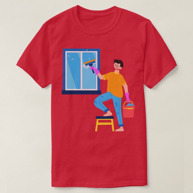 T-shirt Nettoyer La Fenêtre Du Garçon Dessiné À La Main (Design devant)