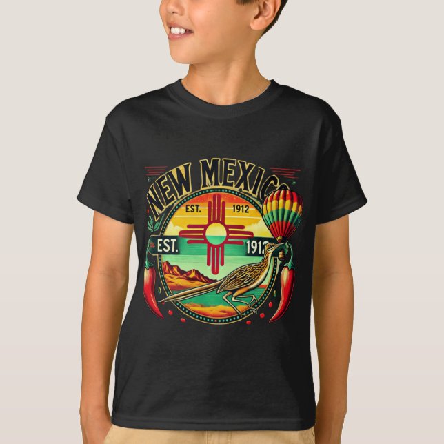 T-shirt New Mexico Zia Symbol, Roadrunner &amp; Chile Pepp (Devant)