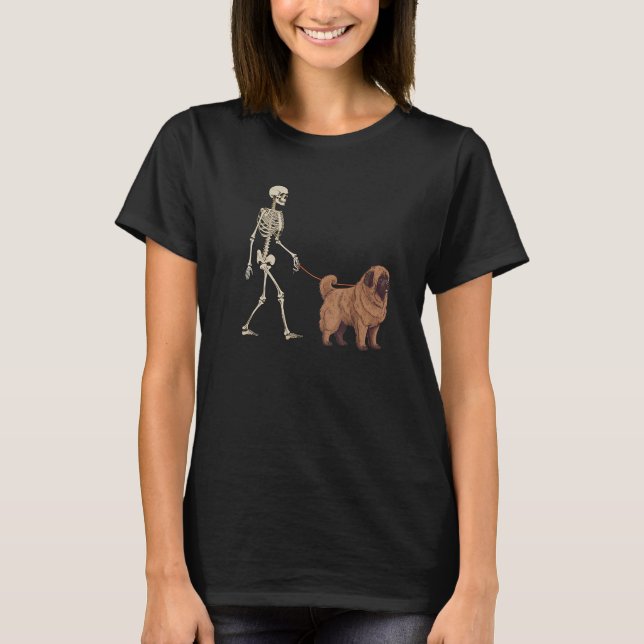 T-shirt Newfoundland Skeleton Dog Walking Halloween Dog (Devant)