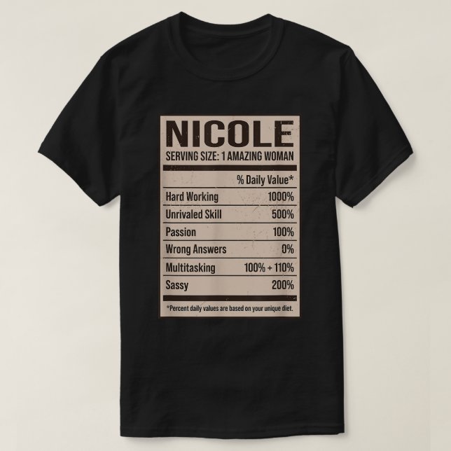 T-shirt Nicole Nutrition Facts Nom Nicks Alias Title F (Design devant)