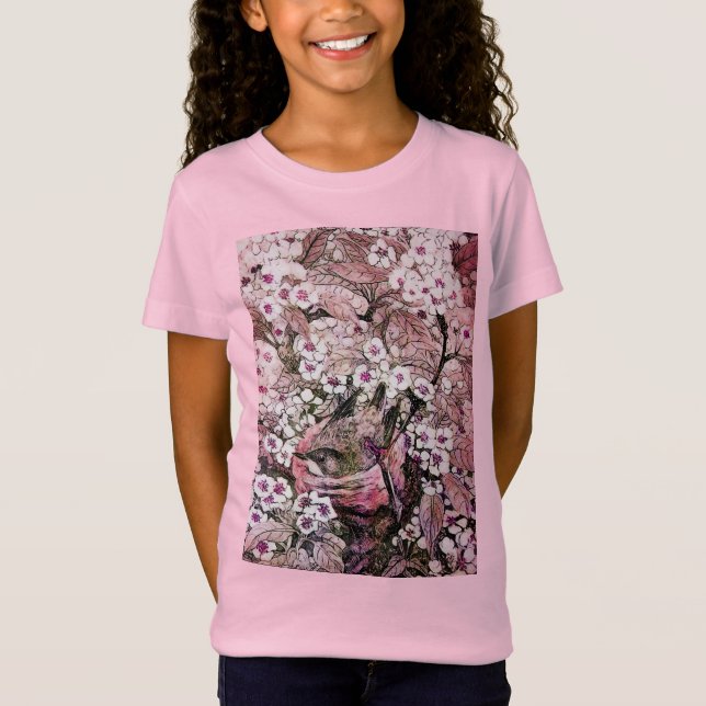T-Shirt NID D'OISEAU, ARBRE, FLEURS DE PRINTEMPS BLANC ROS (Devant)