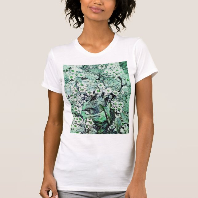 T-SHIRT NID D'OISEAU, ARBRE, FLEURS DE PRINTEMPS BLANC VER (Devant)