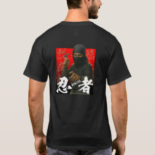 T-shirt Ninja en noir avec Kanji et fond rouge