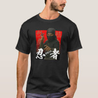 Ninja en noir avec Kanji et fond rouge