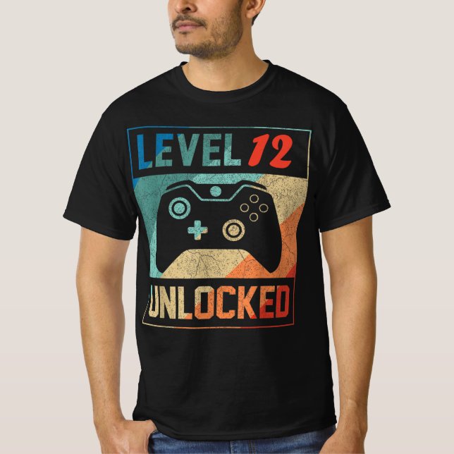 T-shirt Niveau 12 Déverrouillé , Joueur vidéo 12e , Joyeux (Devant)