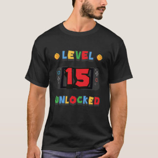 T-shirt Niveau 15 Débloqué Joueur 15e Anniversaire Jeu Vid