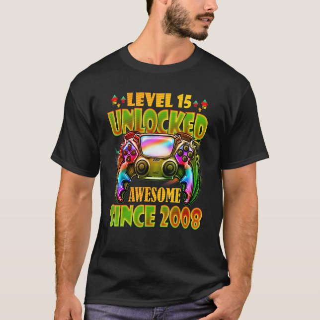T-shirt Niveau 15 Déverrouillé Awesome depuis 2008 Jeu 15t (Devant)