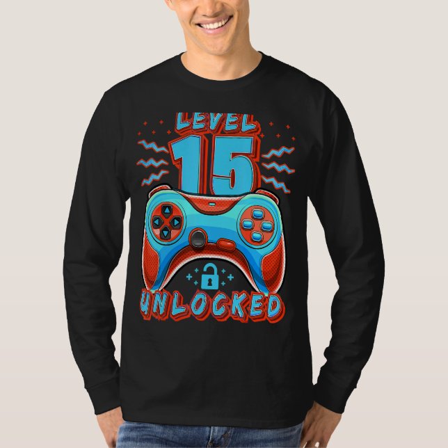 T-shirt Niveau 15 Jeu vidéo déverrouillé 15e anniversaire  (Devant)