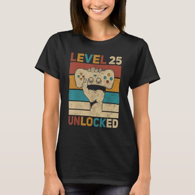 T-shirt Niveau 25 Déverrouillé 25e anniversaire Joueur âgé (Devant)