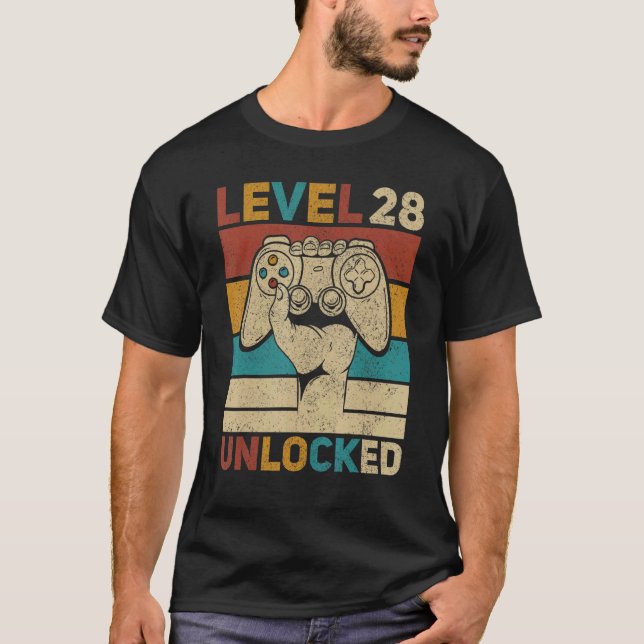 T-shirt Niveau 28 Déverrouillé 28e anniversaire Joueur âgé (Devant)